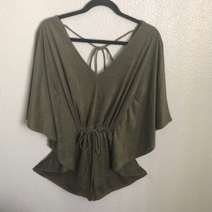 Faux Suede Kaftan RomperDeep V neck cinched waist